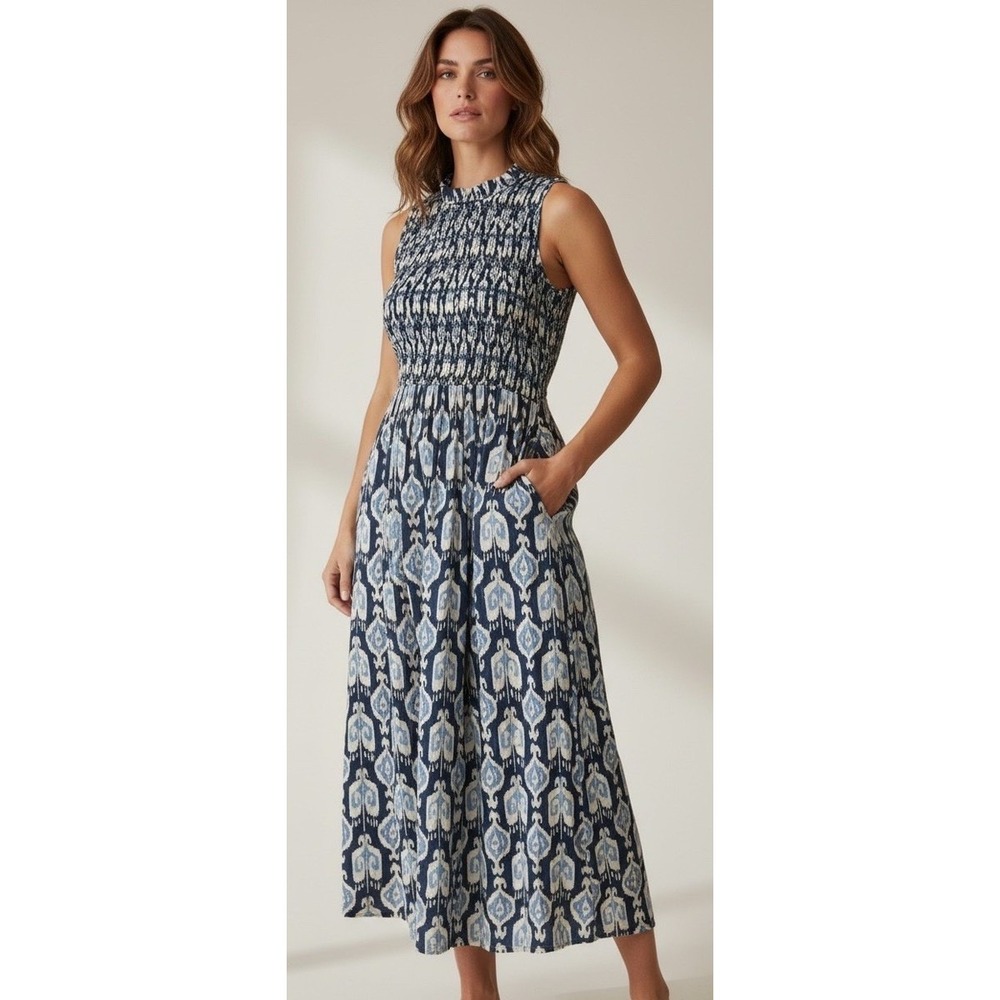 J.McLaughlin Ciri Ikat Print Smocked Sleeveless Maxi Dress XS